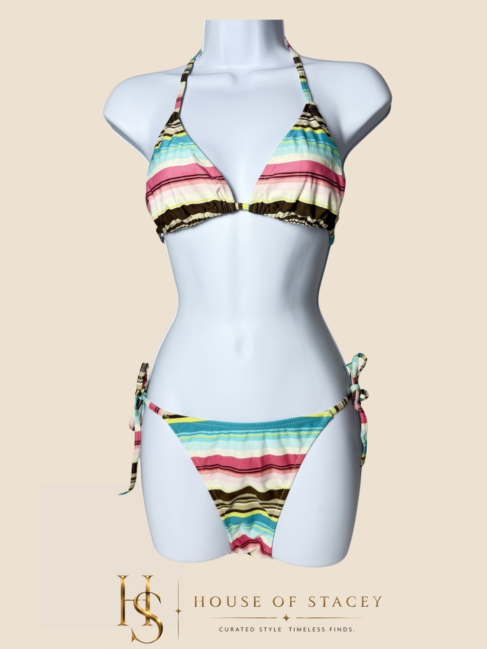 Striped String Bikini Set Tie Side Halter Colorful NWOT